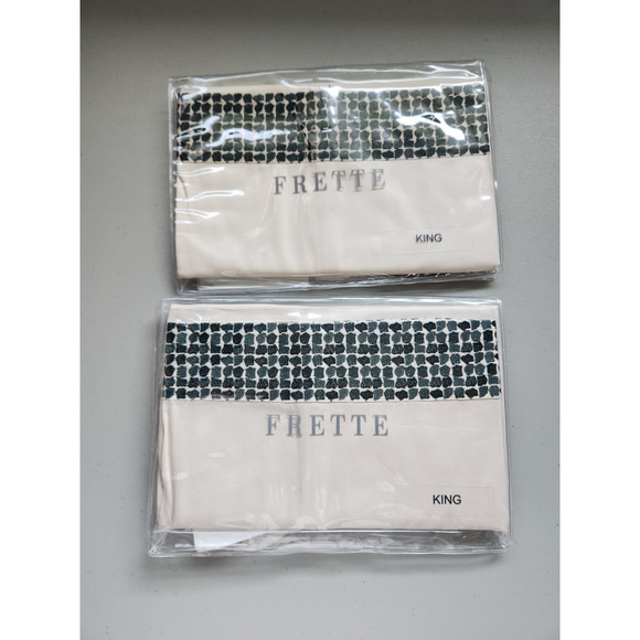 New Frette 2 PC Set Pave Embroidery Cotton King Sham Beige Green #03 - Picture 11 of 11